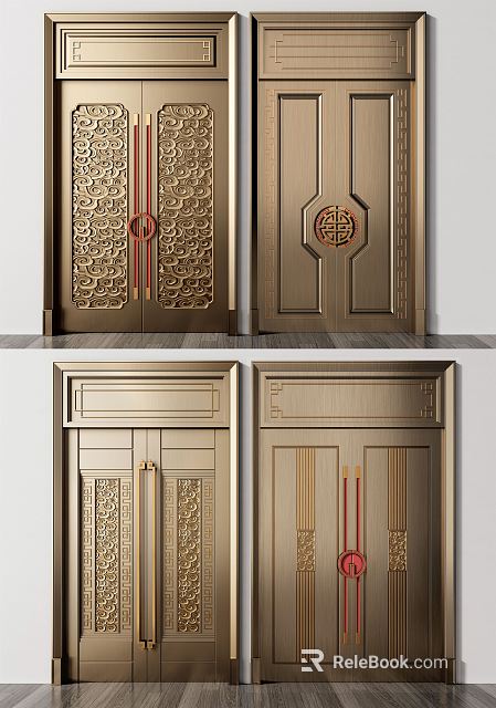 Chinese Style Double Doors With Intricate Carved Patterns Golden Metal Finish And Fortune Symbol 3d model 