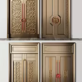 Chinese Style Double Doors With Intricate Carved Patterns Golden Metal Finish And Fortune Symbol