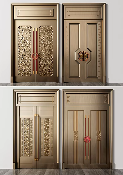 Chinese Style Double Doors With Intricate Carved Patterns Golden Metal Finish And Fortune Symbol 3d model