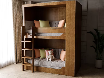 Wooden Bunk Bed With Upper And Lower Mattress Green Pink Pillows And Stuffed Bear 3d model