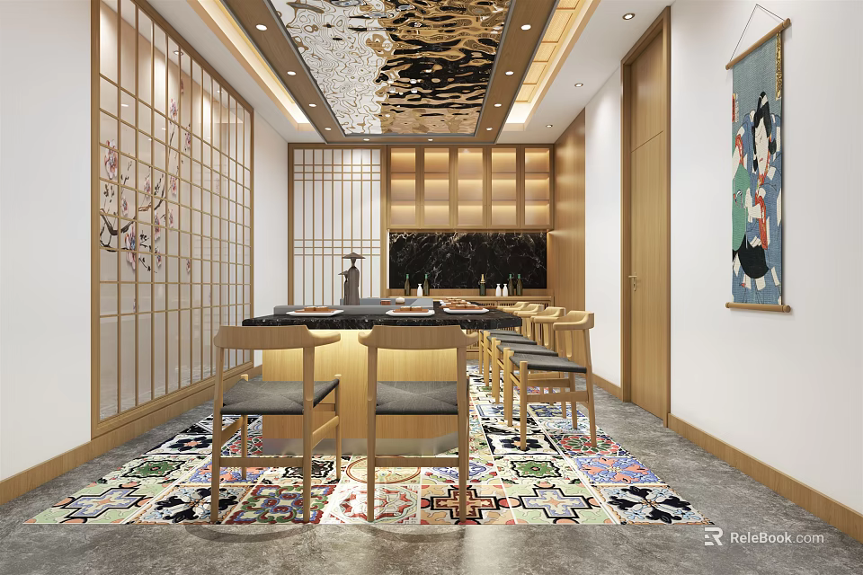 Elegant Traditional Private Dining Room Interior With Wooden Lattice Walls Golden Ceiling And Colorful Carpet 3d model 