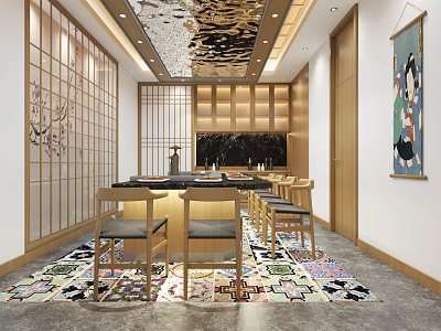 Elegant Traditional Private Dining Room Interior With Wooden Lattice Walls Golden Ceiling And Colorful Carpet 3d model