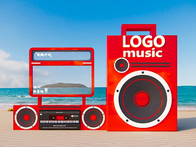 Red Music Themed Art Installation With Stereo Like Design By Beach Under Blue Sky 3d model