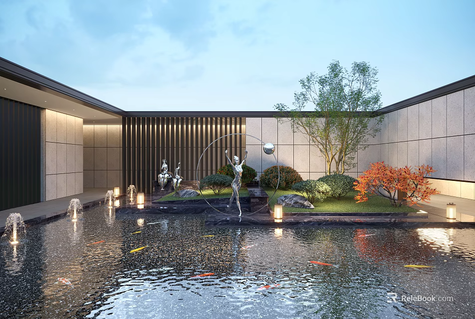 Modern Courtyard Garden With Pond Koi Fish Sculpture Green And Red Leaf Plants Lighting 3d model 