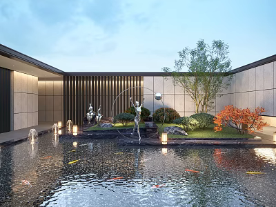 Modern Courtyard Garden With Pond Koi Fish Sculpture Green And Red Leaf Plants Lighting 3d model