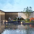 Modern Courtyard Garden With Pond Koi Fish Sculpture Green And Red Leaf Plants Lighting