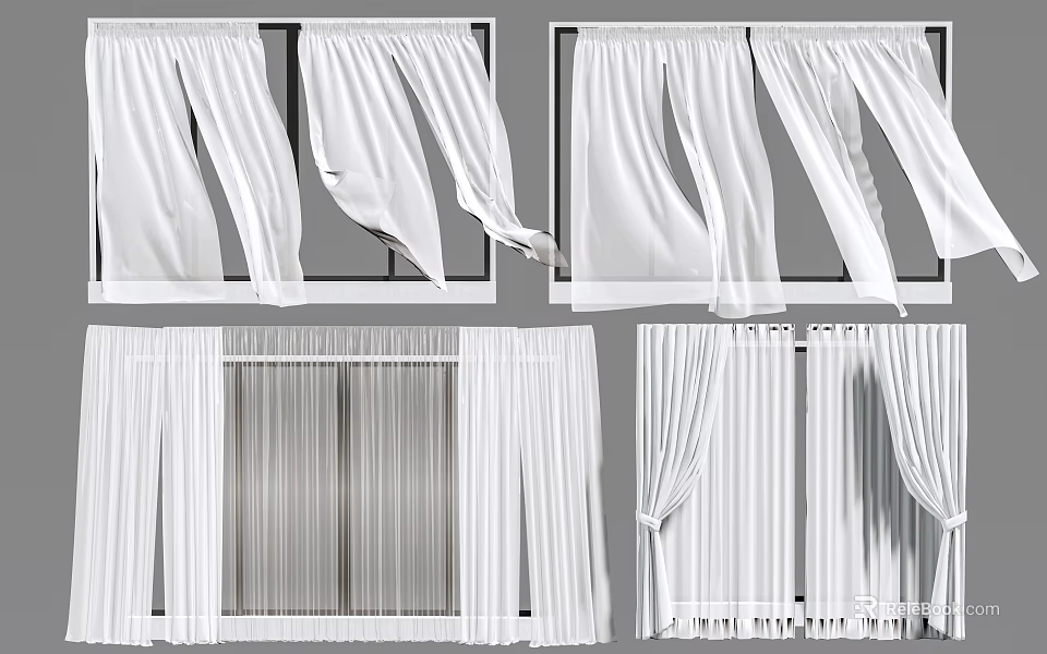 White Curtains Various Styles And Designs For Home Window Decoration 3d model