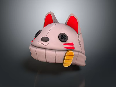 Cute Pink Hat With Red Cat Ears Black Eyes And Yellow Decoration 3d model