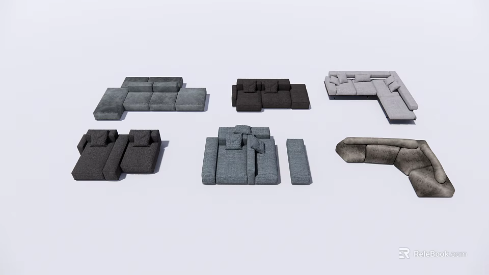 Modern Sofa Set Combinations With Various Configurations And Gray Black Colors 3d model