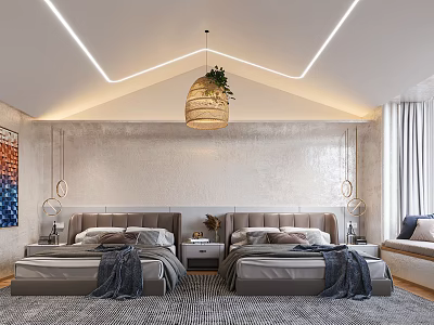 Hotel Guest Room Interior Featuring Twin Beds Gray Headboards Woven Pendant Light And Geometric Ceiling Lights 3d model