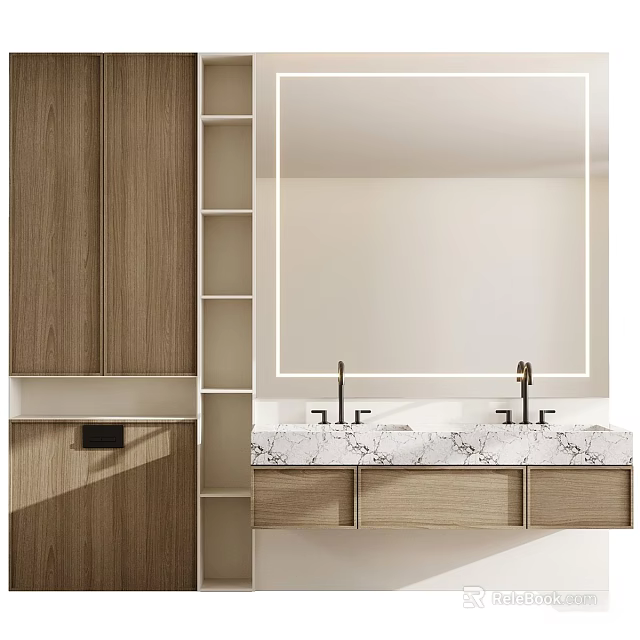 Modern Bathroom Vanity With Double Sinks Marble Countertop Wooden Cabinets And Large Mirror 3d model 