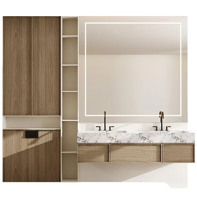 Modern Bathroom Vanity With Double Sinks Marble Countertop Wooden Cabinets And Large Mirror 3d model