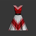 Red And White Striped Flared Dress With Black Belt And Collar Design