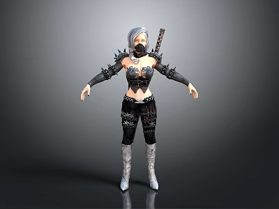 Fierce Woman With Silver Gray Hair Mask Spiked Arm Guards And Sword On Back 3d model