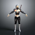 Fierce Woman With Silver Gray Hair Mask Spiked Arm Guards And Sword On Back