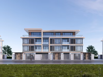 Modern Townhouse Exterior Design With Multi Story Glass Windows And Balconies 3d model