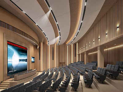Modern Auditorium Interior Design With Curved Ceiling Wooden Walls And Gray Seats 3d model