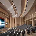 Modern Auditorium Interior Design With Curved Ceiling Wooden Walls And Gray Seats