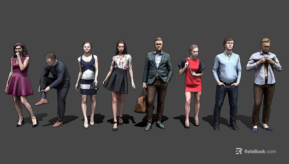 Diverse People in Different Outfits Standing with Various Poses as 3D Character Models 3d model
