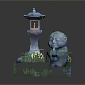 Little Monk Statue With Illuminated Lantern Small Flowers On Green Grass And Steps
