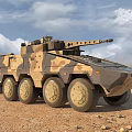 Armored Wheeled Military Tank With Camouflage Paint And Turret Cannon In Desert