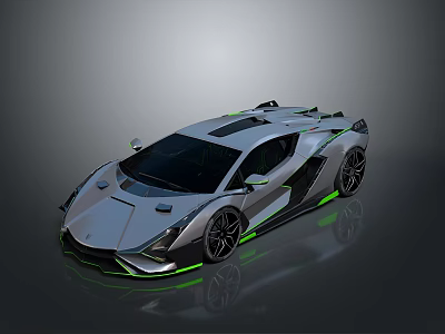 Silver Sports Car With Green Accents Sleek Aerodynamic Body And Black Wheels 3d model