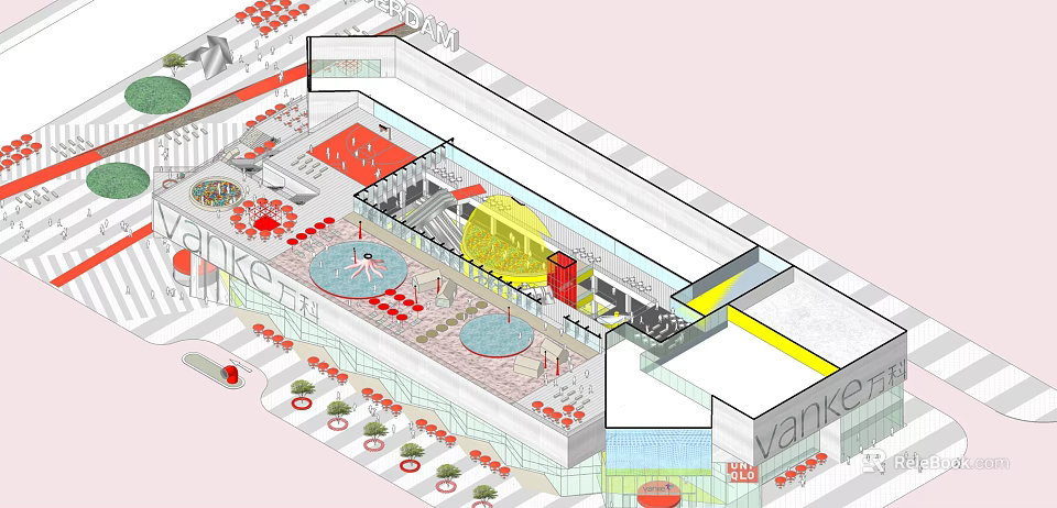 Modern Vanke Commercial Complex Interior Layout With Open Public Spaces Circular Plazas And Plants 3d model 