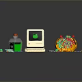 Retro Computer Setup With Green Screen Keyboard Orange Container And Colorful Items 3d model