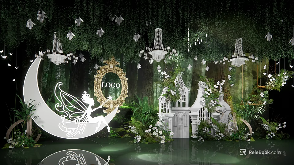 Enchanting Banquet Hall With Green Vine Backdrop Moon Decoration Golden LOGO And Mini House Decor 3d model 