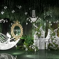 Enchanting Banquet Hall With Green Vine Backdrop Moon Decoration Golden LOGO And Mini House Decor