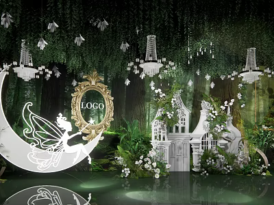 Enchanting Banquet Hall With Green Vine Backdrop Moon Decoration Golden LOGO And Mini House Decor 3d model