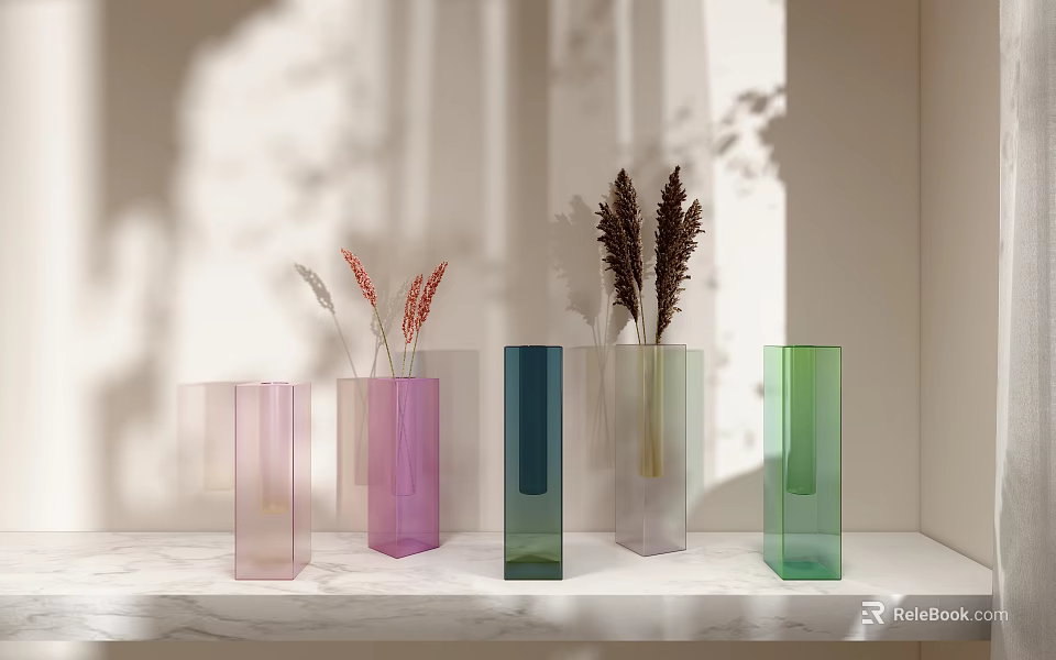 Colorful Square Shaped Glass Vases With Dried Flowers On Marble Surface For Home Decor 3d model 