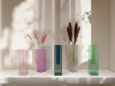 Colorful Square Shaped Glass Vases With Dried Flowers On Marble Surface For Home Decor 3d model