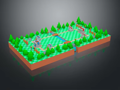 Cartoon Pixel Art Garden Scene with Green Trees Checkerboard Paths and Water Features 3d model