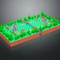 Cartoon Pixel Art Garden Scene with Green Trees Checkerboard Paths and Water Features