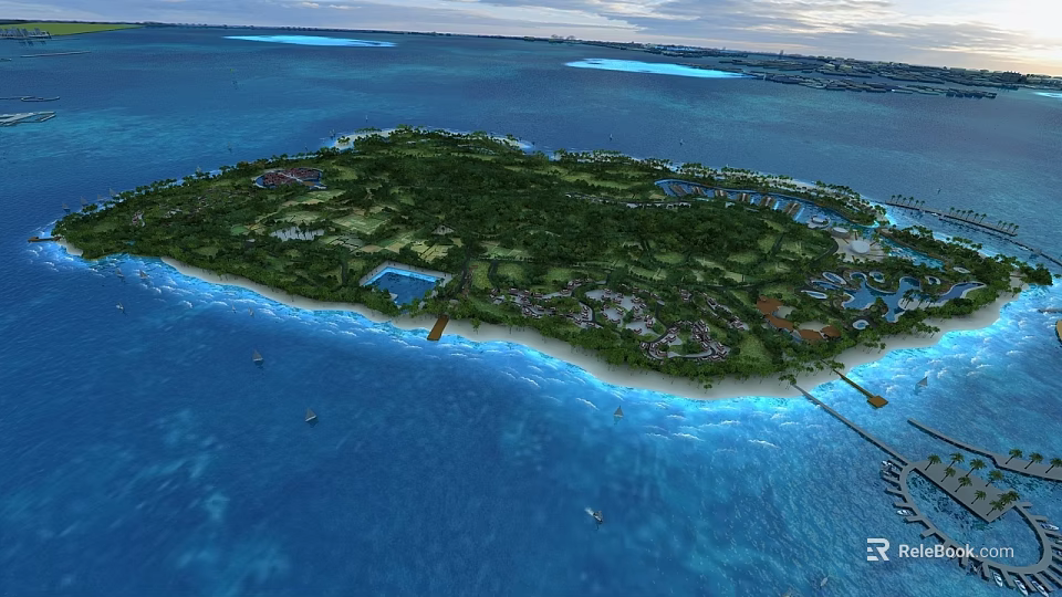 Tropical Island Landscape With Blue Ocean Waters Lush Green Vegetation And Sandy Shoreline 3d model 