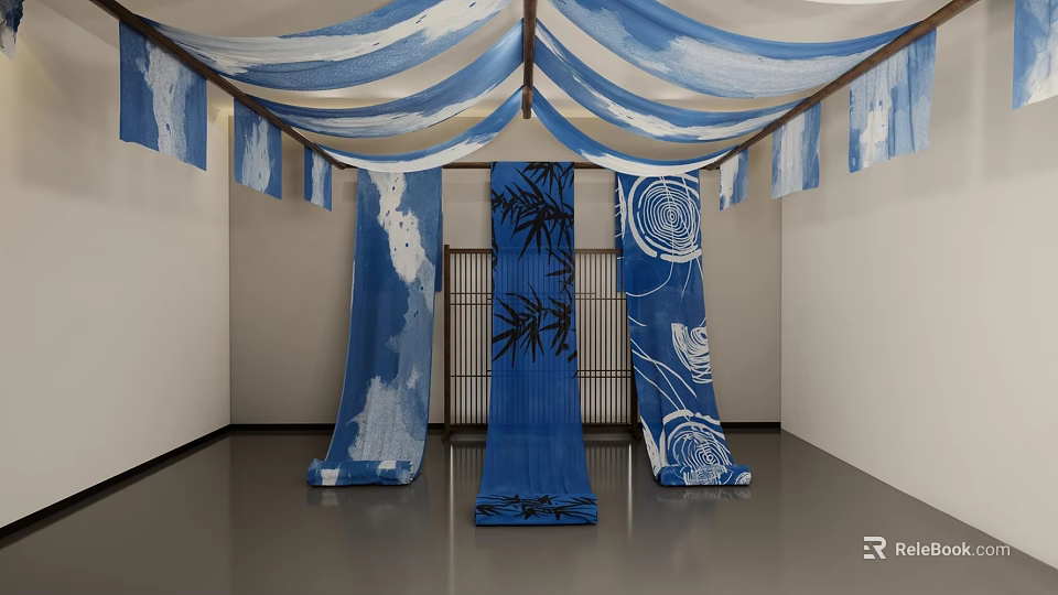 Blue And White Fabric Drapes Ceiling Hung With Blue Panels Bamboo And Circular Designs 3d model 
