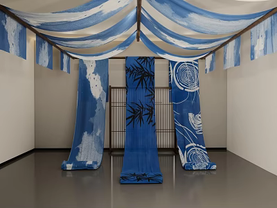 Blue And White Fabric Drapes Ceiling Hung With Blue Panels Bamboo And Circular Designs 3d model