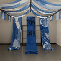 Blue And White Fabric Drapes Ceiling Hung With Blue Panels Bamboo And Circular Designs