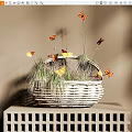 Wicker Basket With Green Grass And Colorful Butterflies On Beige Wall Shelf