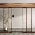 Modern Brass Frame Automatic Glass Door With Sensor And Indoor Plant 3d model