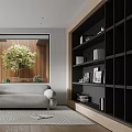 Modern Study Room Interior Design With Gray Sofa Window Tree Bookshelves And Wall Art 3d model