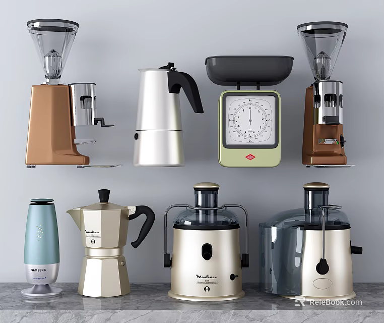 Various Modern Kitchen Appliances Including Coffee Maker Blender Juicer And Scale 3d model