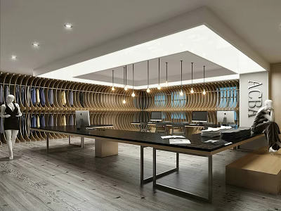 Modern Clothing Store Interior With Wooden Curved Displays Mannequins Long Tables And Hanging Lights 3d model