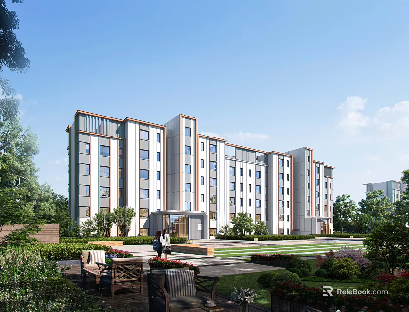 Modern Residential Building Exterior With Green Lawn Benches And Landscaping 3d model 