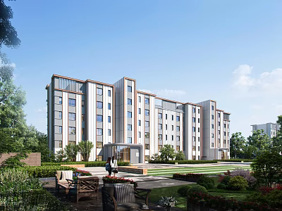 Modern Residential Building Exterior With Green Lawn Benches And Landscaping 3d model