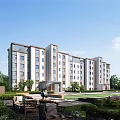 Modern Residential Building Exterior With Green Lawn Benches And Landscaping