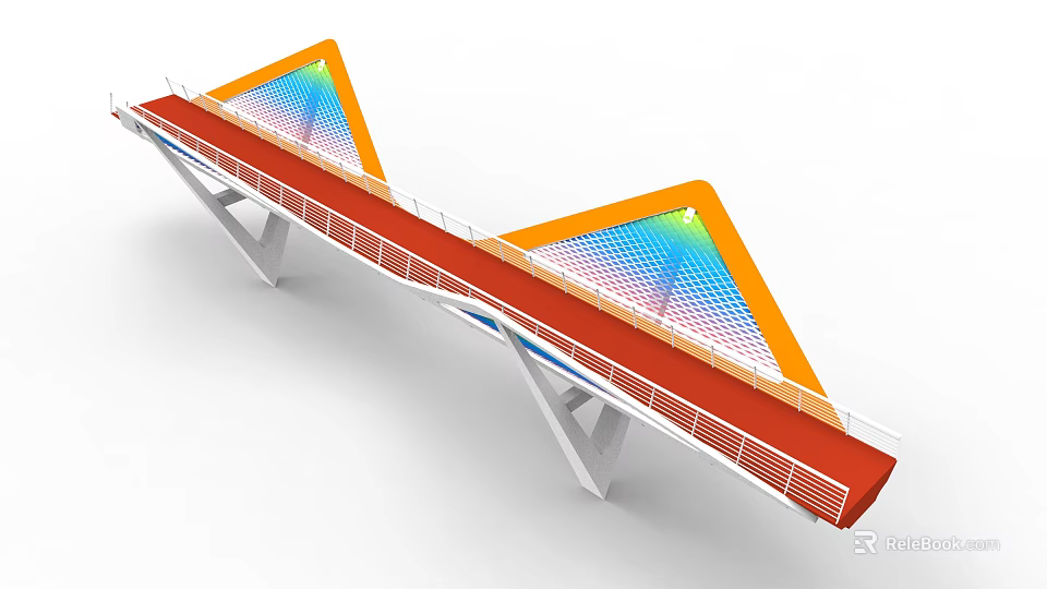 Modern Bridge Design With Orange Triangular Structures Red Deck And Colorful Grid 3d model