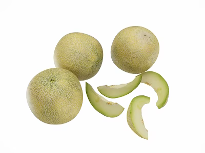 Fresh Honeydew Melon Whole Fruits And Sliced Pieces On White Background 3d model