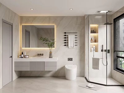 Modern Bathroom Interior With Marble Tiles Wall Mounted Vanity And Glass Shower Enclosure 3d model